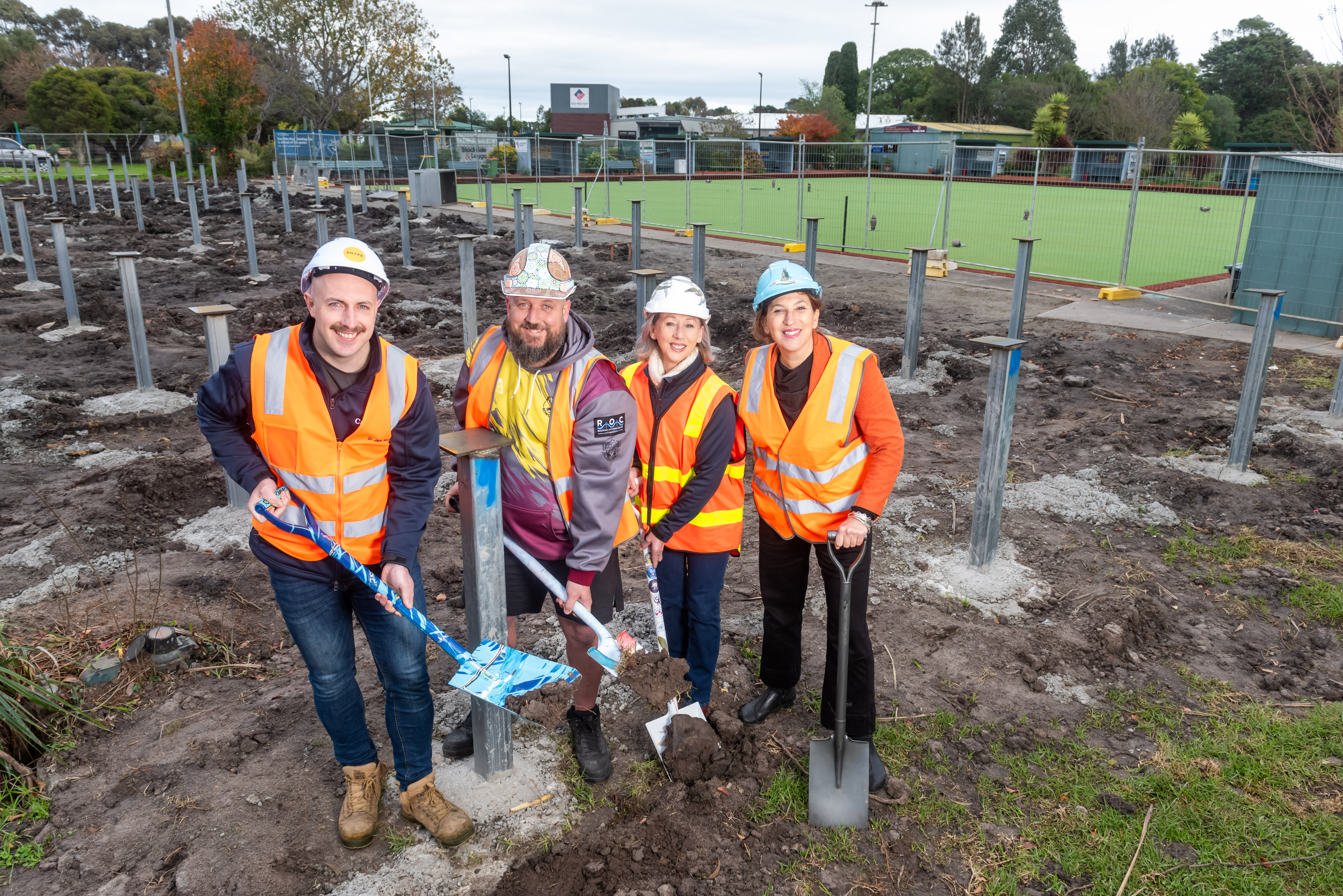 Left to right: Cardinia Shire Mayor Cr Jack Kowarzik, Koo Wee Rup Bowling Club President Tim Katz, Westernport Ward Councillor Kaye Cameron and Member for Bass Jordan Crugnale turn the sod at the Koo Wee Rup Bowling Club and Community Pavilion project.