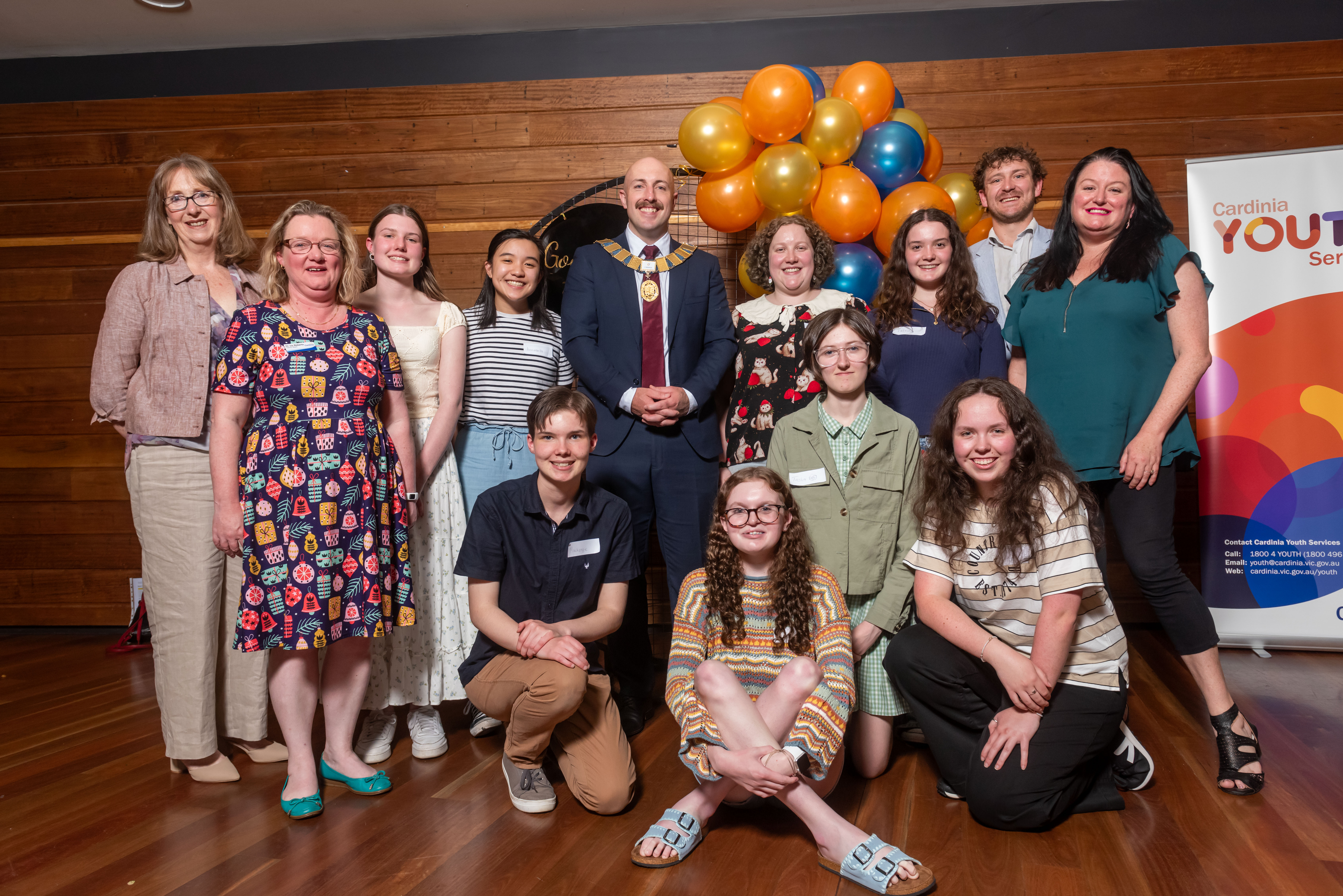 Cr Trudi Paton, Cr Liz Roberts, Mayor Cr Jack Kowarzik, Cr Casey Thomsen and Cr Samantha-Jane Potter celebrating at the Good Choice Awards ceremony with members of the Youth Action Committee.